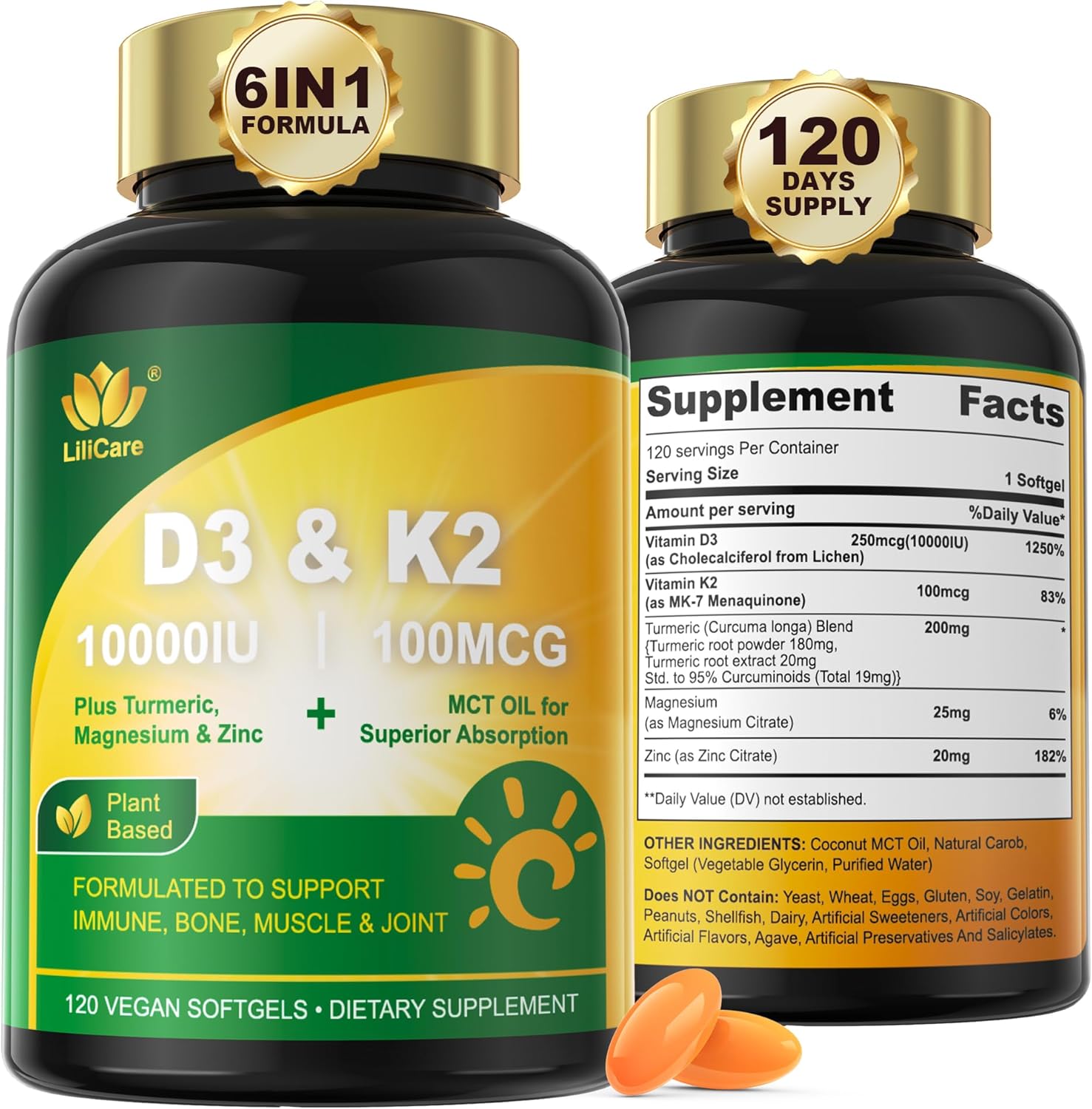 Vegan Liposomal Vitamin D3 with K2, Turmeric, MCT Oil, Magnesium & Zinc - 120 Capsules for Bone Health & Immune Support