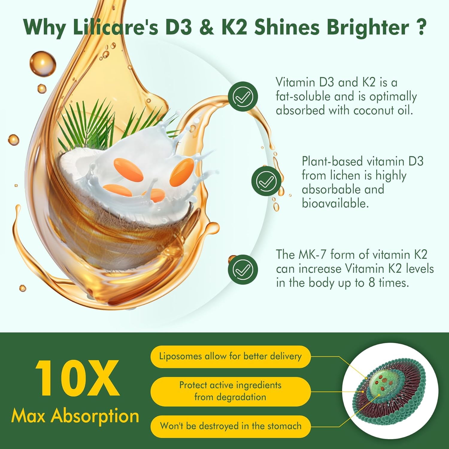 Vegan Liposomal Vitamin D3 with K2, Turmeric, MCT Oil, Magnesium & Zinc - 120 Capsules for Bone Health & Immune Support