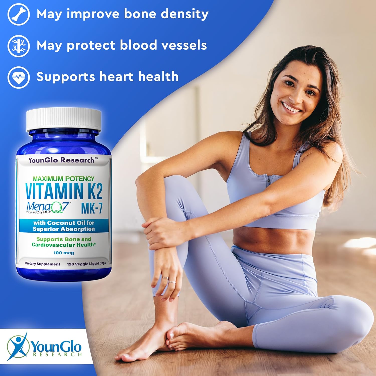 Vegan Liquid Capsules with Coconut Oil for Superior Absorption, 100 mcg of Vitamin K2 MK7 (MenaQ7) Dietary Supplement for Bone Health in Adults