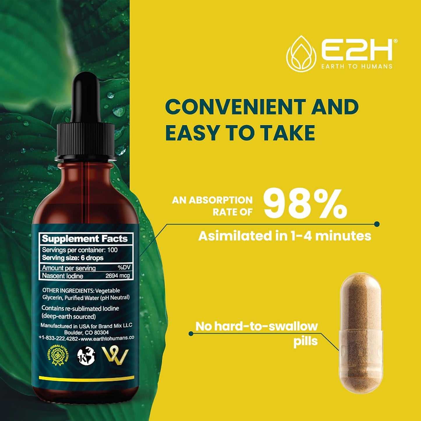 Vegan Liquid Iodine for Thyroid Support and Energy Boost - Non-GMO - E2H Earth to Humans E2H - 2 Bottles