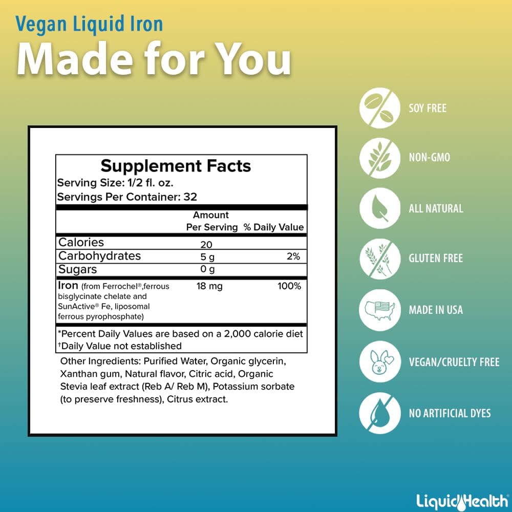 Vegan Liquid Iron Supplement with SunActive & Ferrochel Fe - Natural Energy Boost, Immune Support, Metabolism Boost - Non-GMO, Sugar Free - 2 Pack