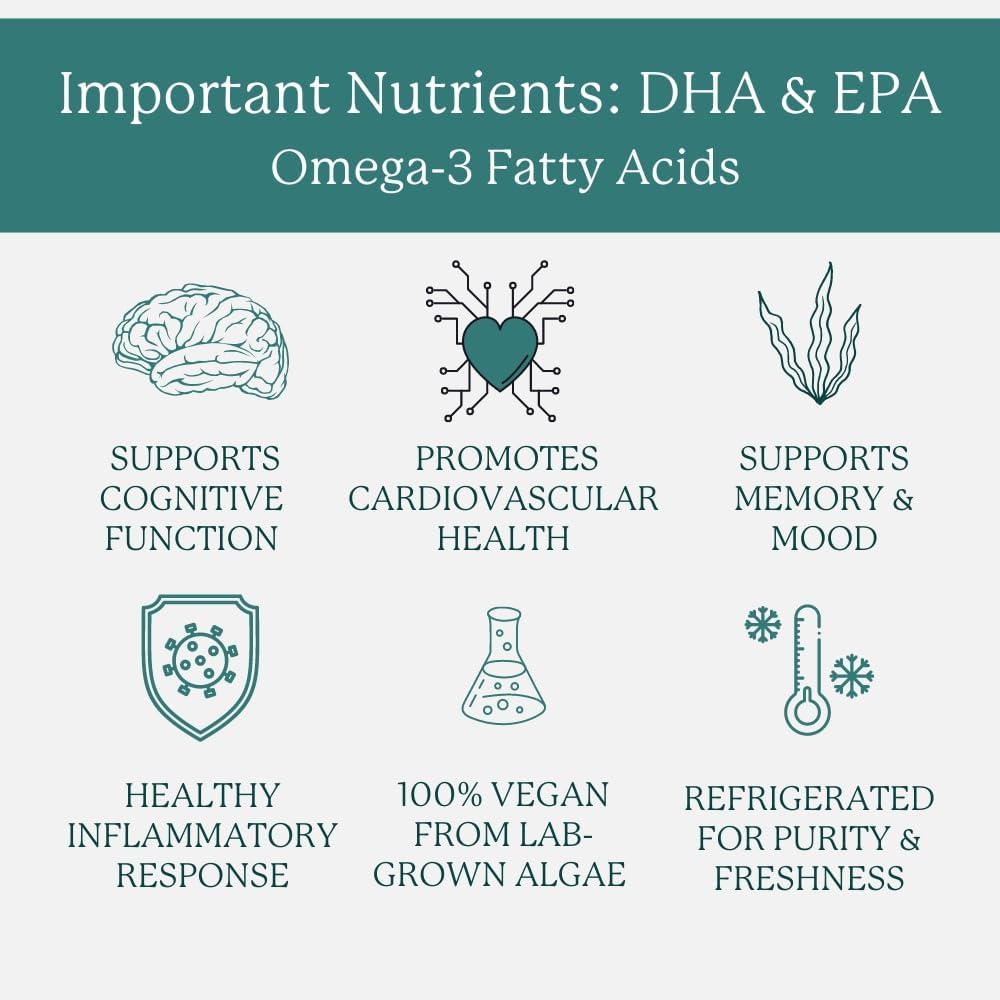 Vegan Liquid Omega-3 Supplement with DHA+EPA, Fresh Citrus Flavor, Lab-Grown Algae, Contaminant-Free, 60 Servings