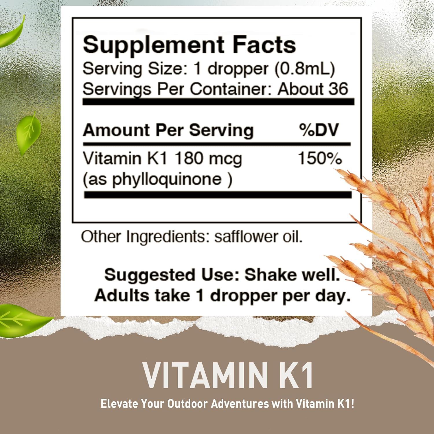 Vegan Liquid Vitamin B6 & K1 Drops for Overall Health - Non-GMO Pyridoxine & Vitamin K Extract - 1 fl oz