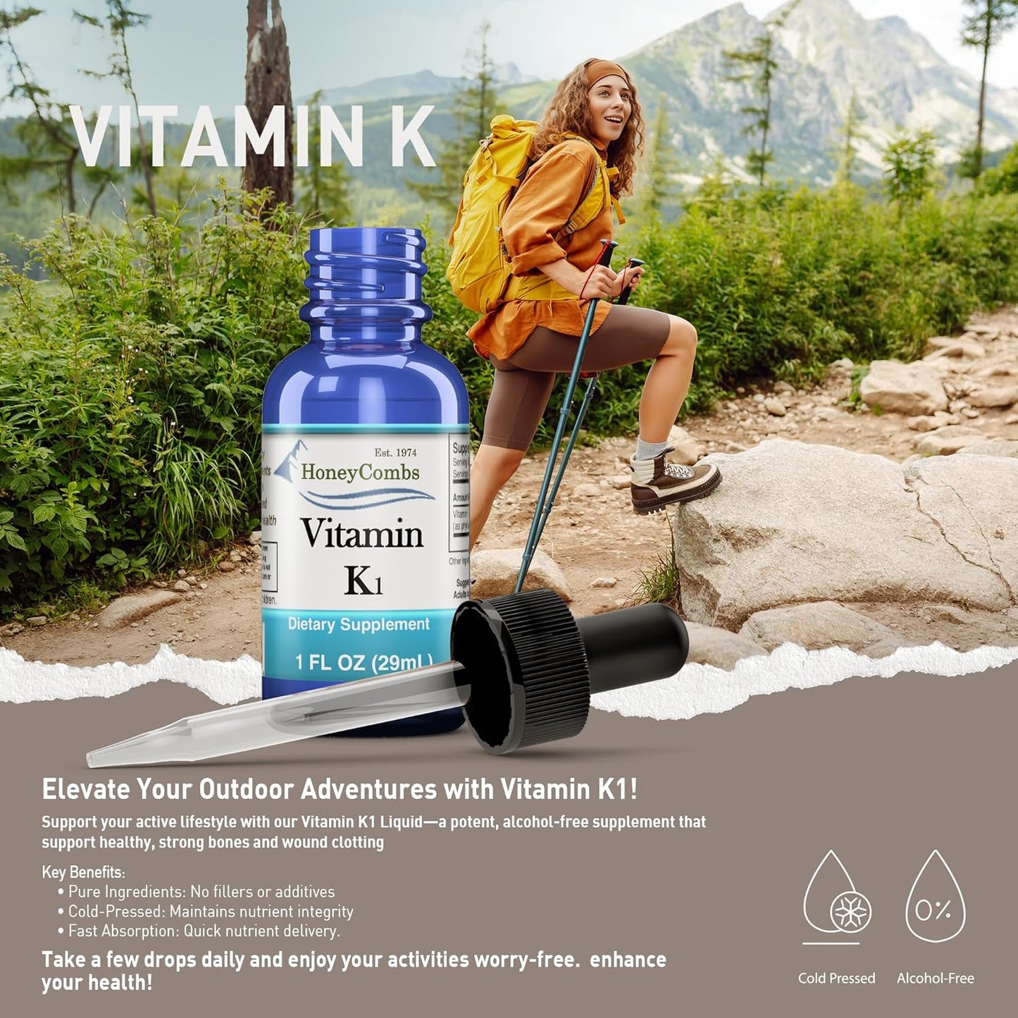 Vegan Liquid Vitamin B6 & K1 Drops for Overall Health - Non-GMO Pyridoxine & Vitamin K Extract - 1 fl oz