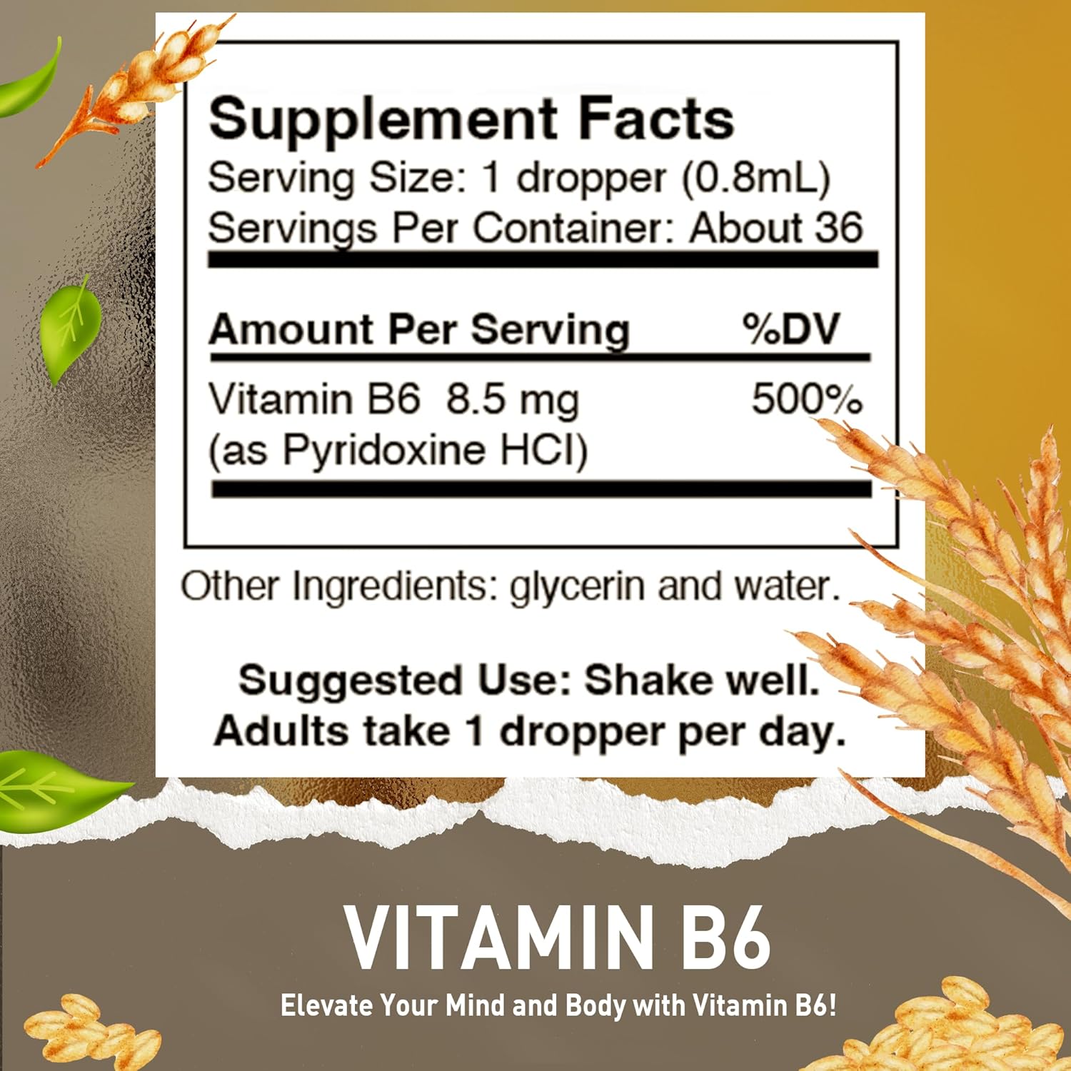 Vegan Liquid Vitamin B6 & K1 Drops for Overall Health - Non-GMO Pyridoxine & Vitamin K Extract - 1 fl oz