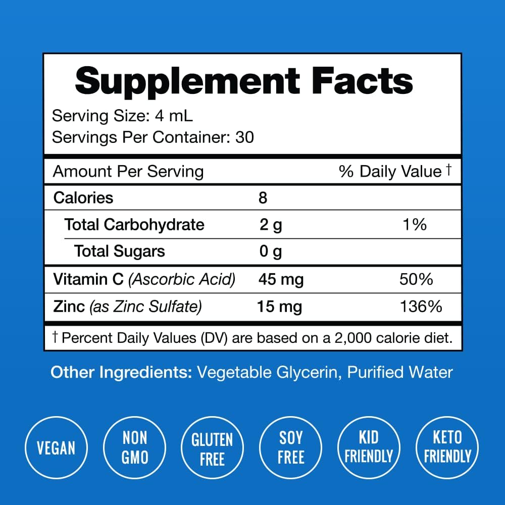 Vegan Liquid Zinc Drops with Vitamin C for Immune Support - 4 oz Sugar-Free Supplement for Kids & Adults