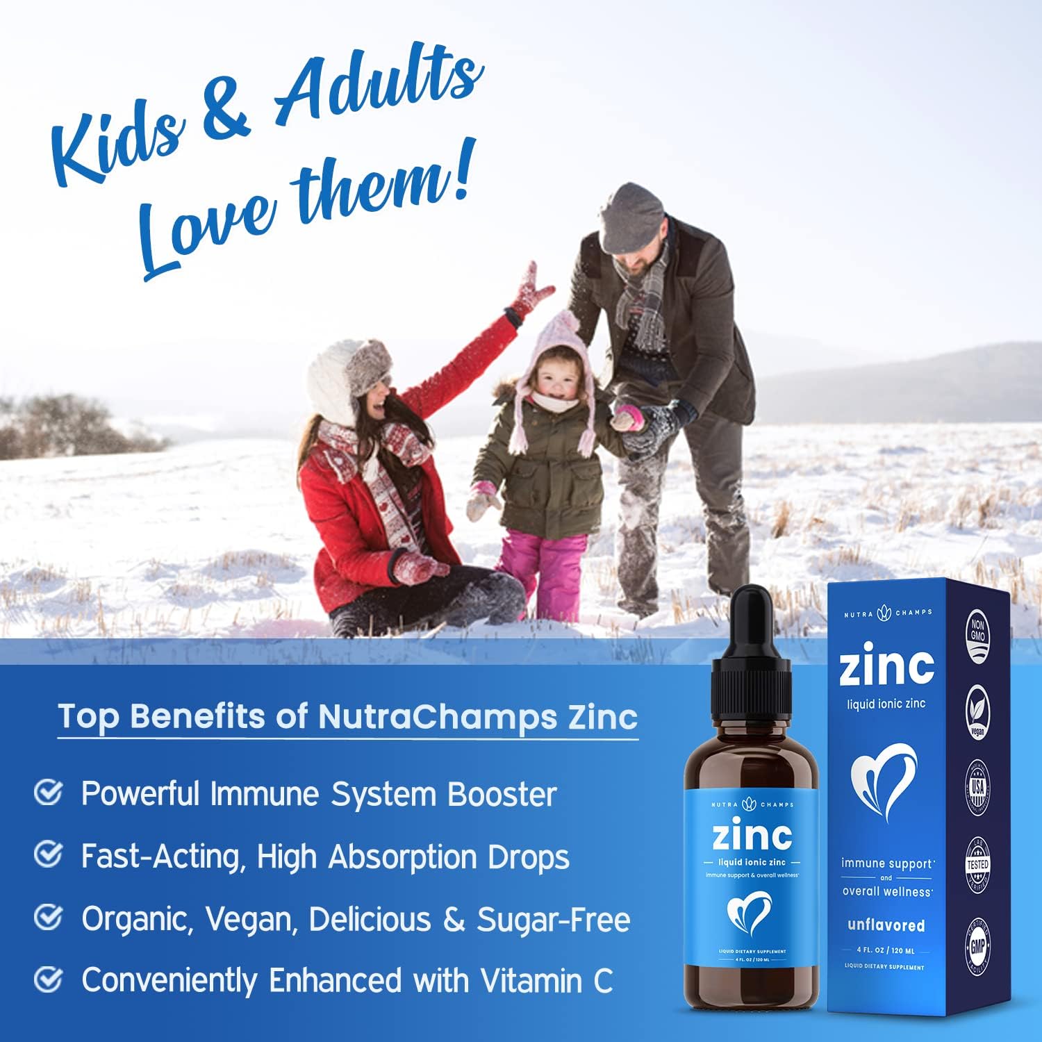Vegan Liquid Zinc Drops with Vitamin C for Immune Support - 4 oz Sugar-Free Supplement for Kids & Adults