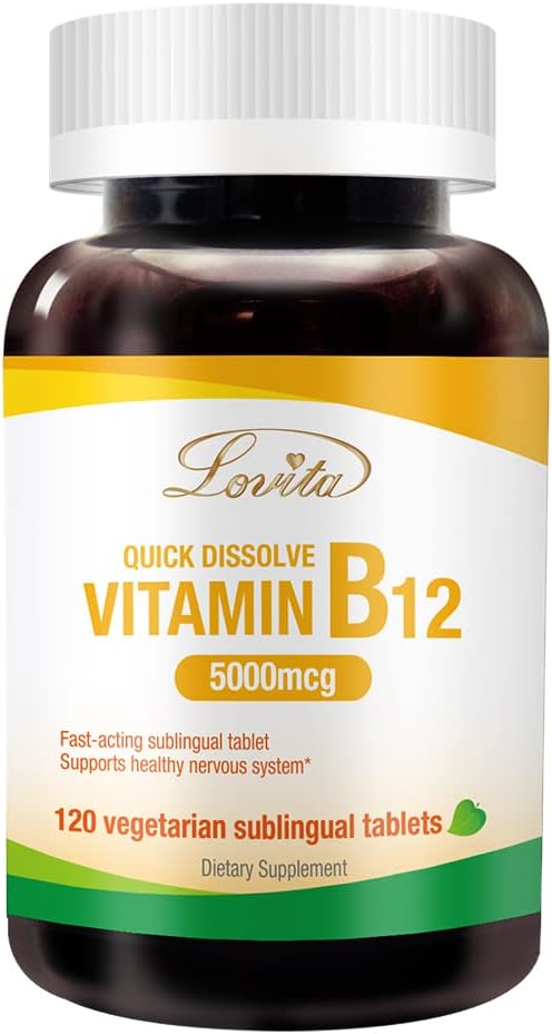 Vegan Lovita B12 Vitamins 5000 mcg - Quick Dissolve Sublingual Tablets for Nervous System & Energy Support (120 Count)