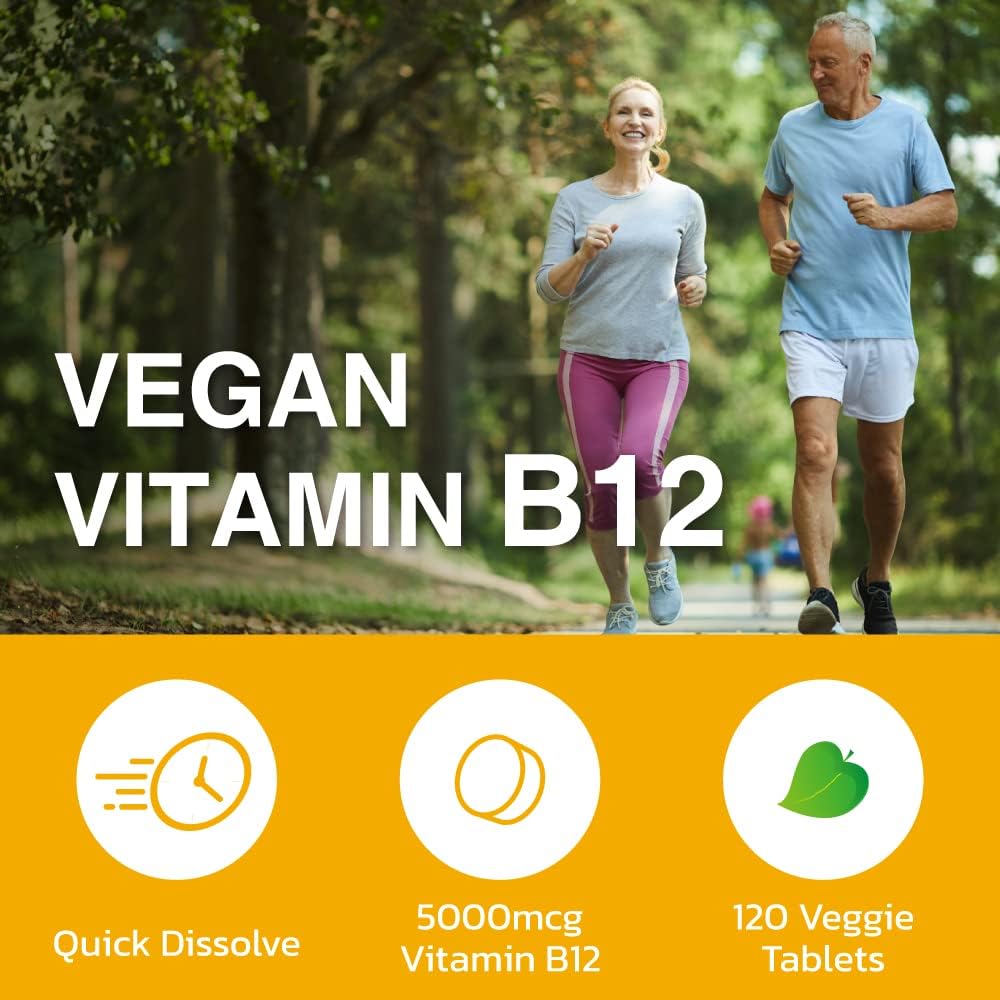 Vegan Lovita B12 Vitamins 5000 mcg - Quick Dissolve Sublingual Tablets for Nervous System & Energy Support (120 Count)