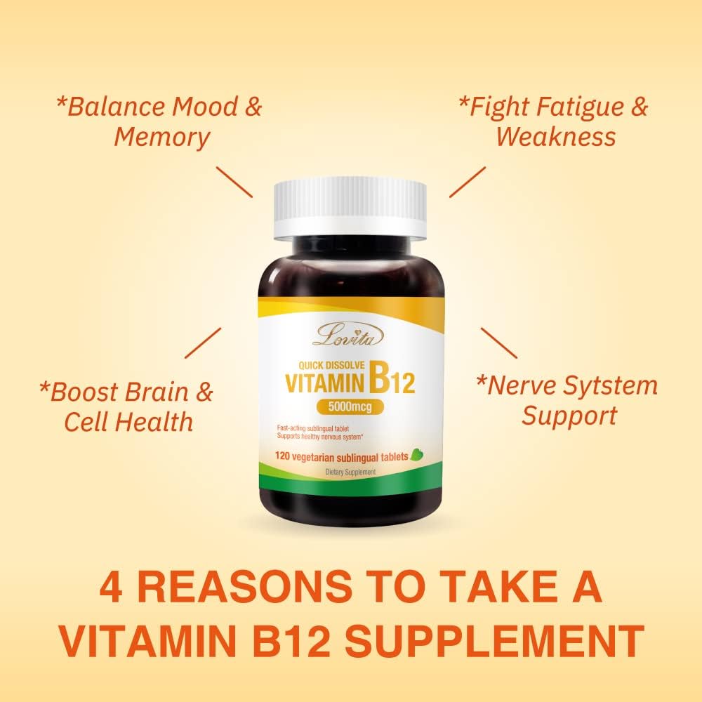 Vegan Lovita B12 Vitamins 5000 mcg - Quick Dissolve Sublingual Tablets for Nervous System & Energy Support (120 Count)
