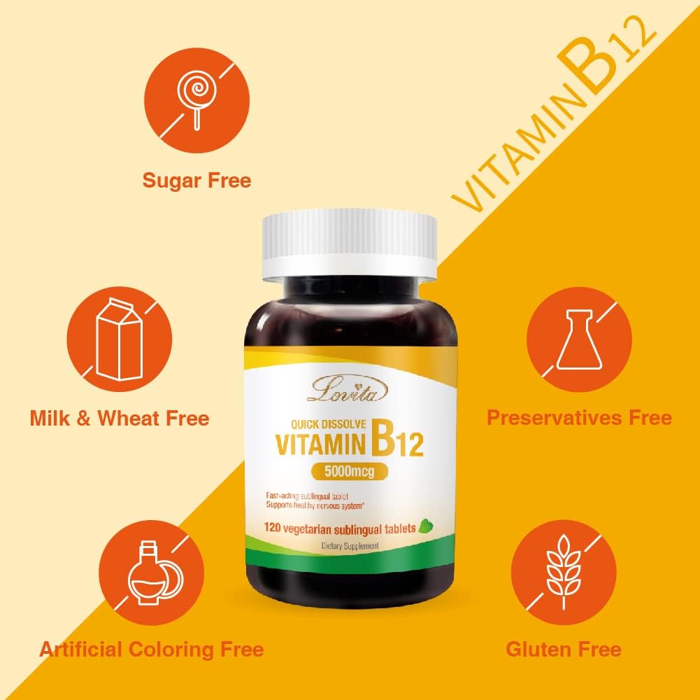 Vegan Lovita B12 Vitamins 5000 mcg - Quick Dissolve Sublingual Tablets for Nervous System & Energy Support (120 Count)
