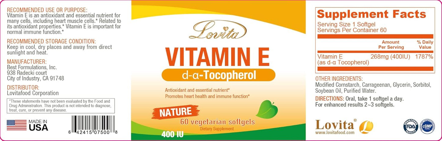 Vegan Lovita Vitamin E Softgels 400 IU - Natural D Alpha Tocopherol for Skin, Hair, Nails & Immune Support - 60 Vegetarian Capsules