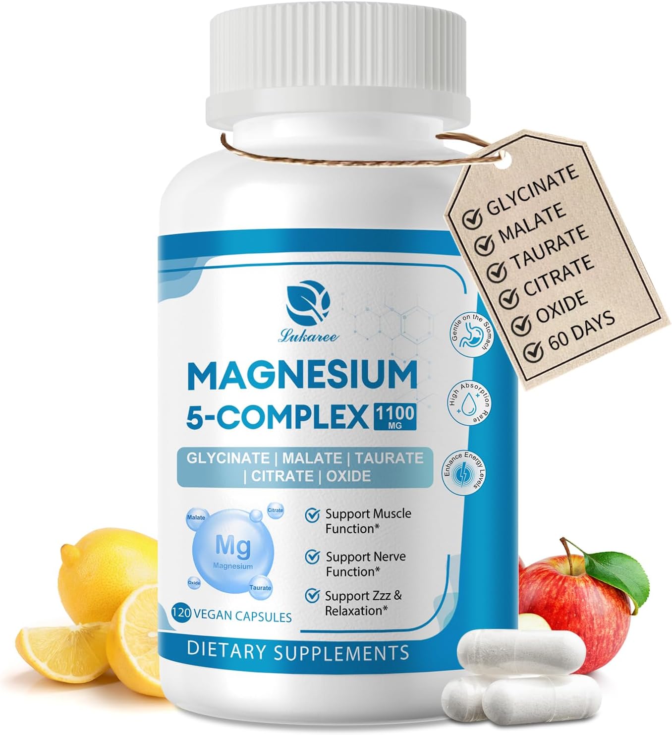 Vegan Lukaree 5-in-1 Magnesium Complex Supplement with Vitamins & Herbal Extracts - 60 Day Supply - Promotes Calm, Bone Health, Muscle Energy, and Cortisol Balance