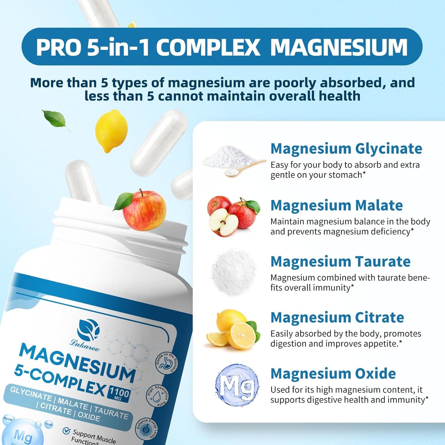 Vegan Lukaree 5-in-1 Magnesium Complex Supplement with Vitamins & Herbal Extracts - 60 Day Supply - Promotes Calm, Bone Health, Muscle Energy, and Cortisol Balance