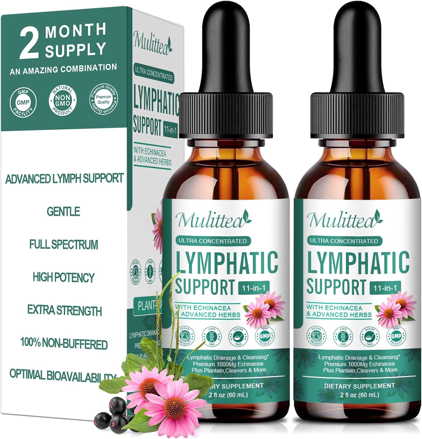 Vegan Lymphatic Drainage Drops with 11 Supplements for Lymph System Support - Detox Cleanse - Non-GMO - 2 fl oz - 60 Servings - 2 Pack