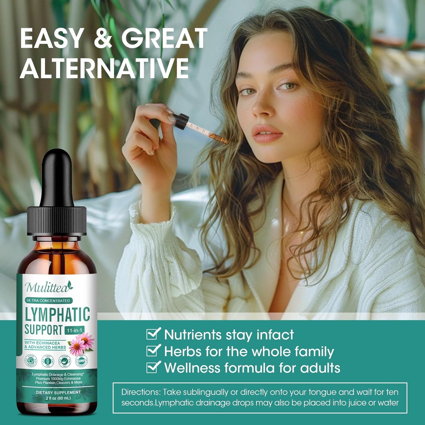Vegan Lymphatic Drainage Drops with 11 Supplements for Lymph System Support - Detox Cleanse - Non-GMO - 2 fl oz - 60 Servings - 2 Pack