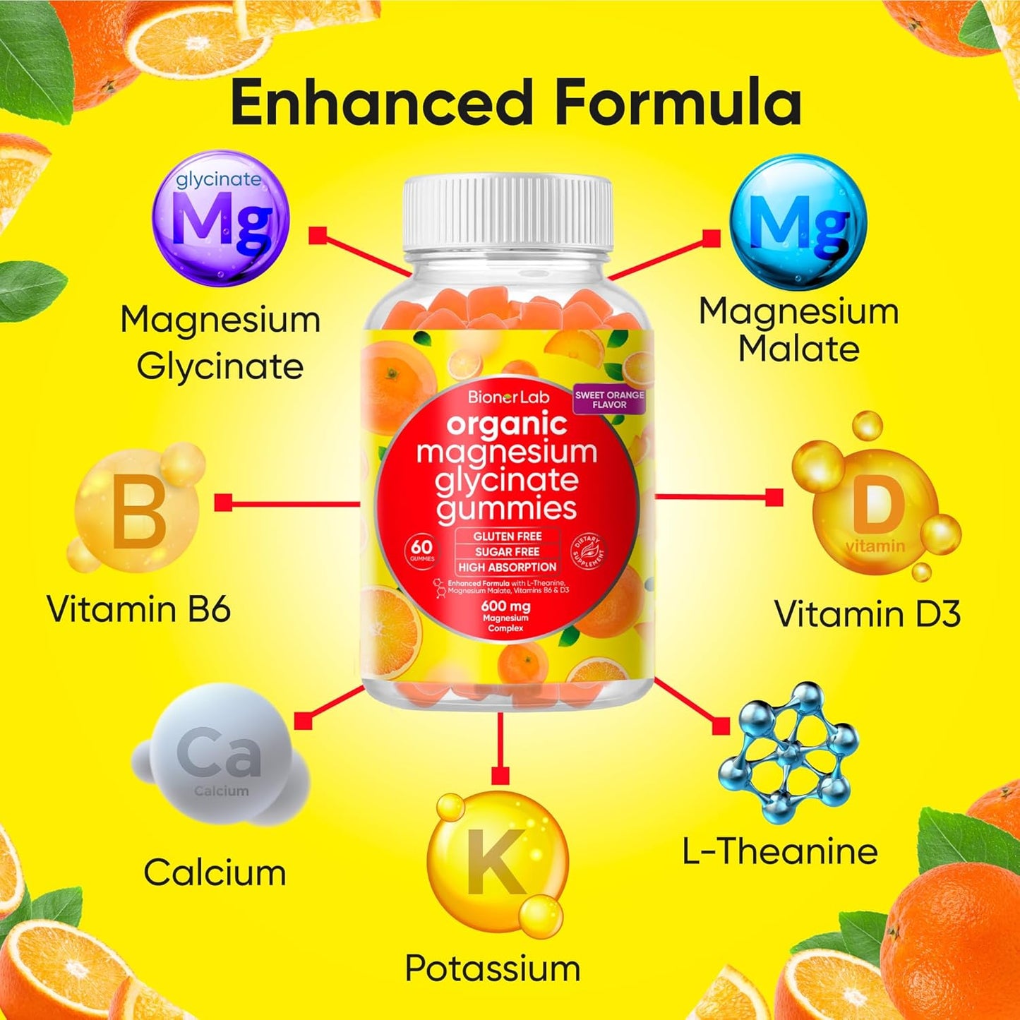 Vegan Magnesium Glycinate Chewable Gummies (600mg) with Calcium, Potassium, Vitamin D, B6, L-Theanine - Sugar & Gluten Free - Orange Flavor for Kids & Adults