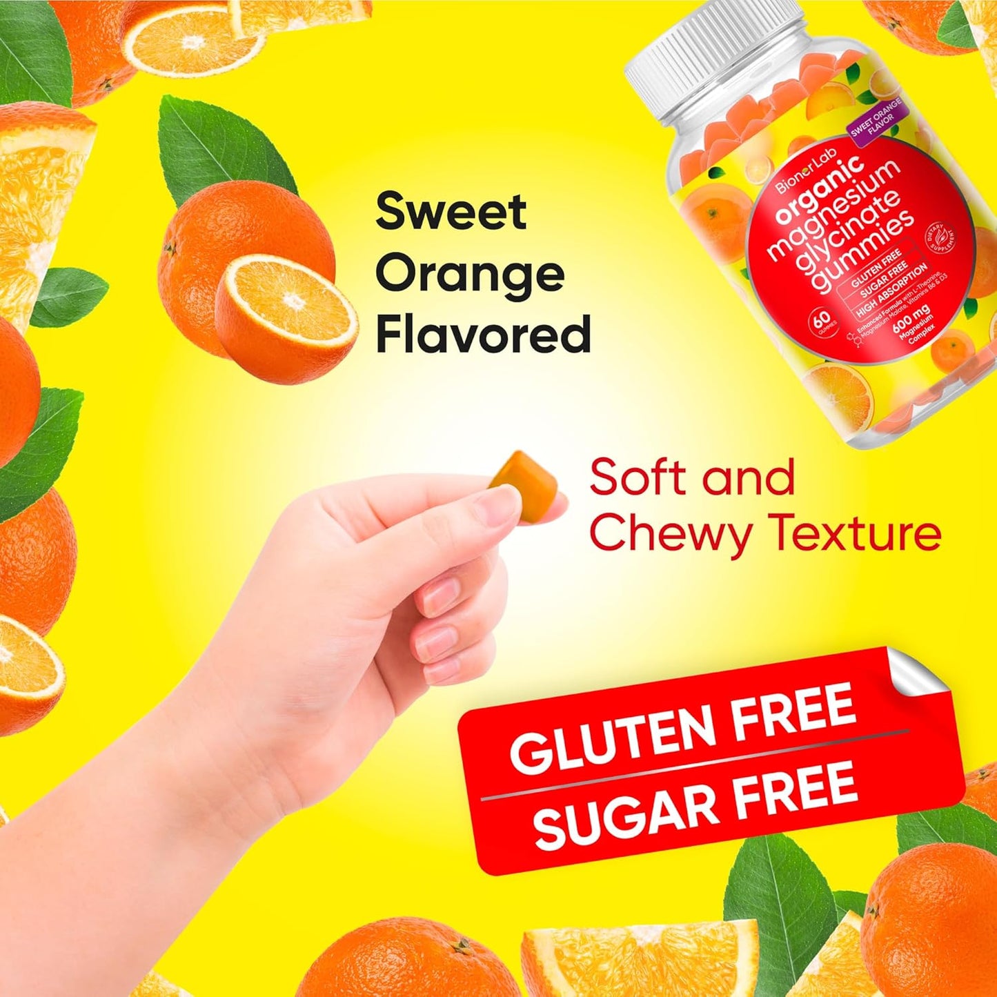 Vegan Magnesium Glycinate Chewable Gummies (600mg) with Calcium, Potassium, Vitamin D, B6, L-Theanine - Sugar & Gluten Free - Orange Flavor for Kids & Adults