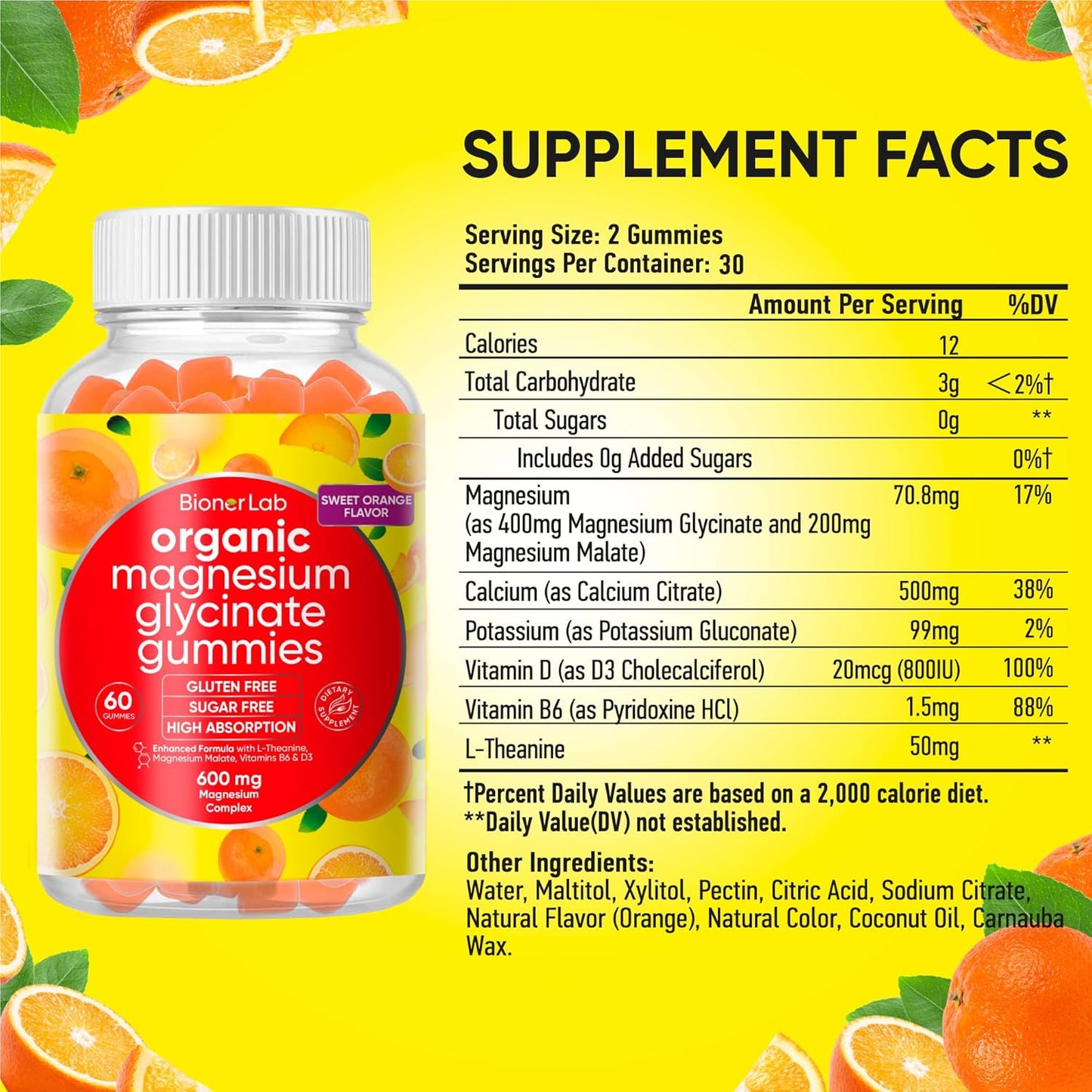 Vegan Magnesium Glycinate Chewable Gummies (600mg) with Calcium, Potassium, Vitamin D, B6, L-Theanine - Sugar & Gluten Free - Orange Flavor for Kids & Adults