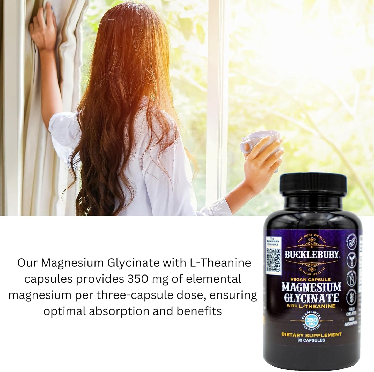 Vegan Magnesium Glycinate with L-Theanine Capsules for Sleep, Bone, and Muscle Support - 90 Count