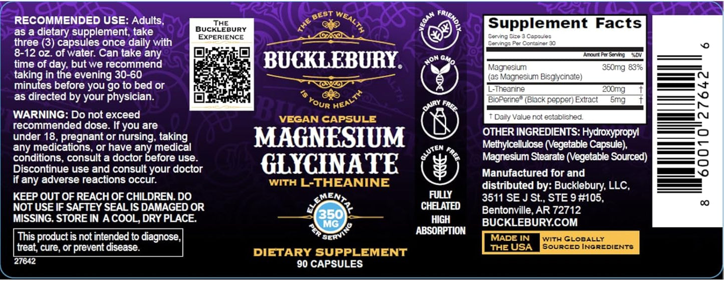 Vegan Magnesium Glycinate with L-Theanine Capsules for Sleep, Bone, and Muscle Support - 90 Count