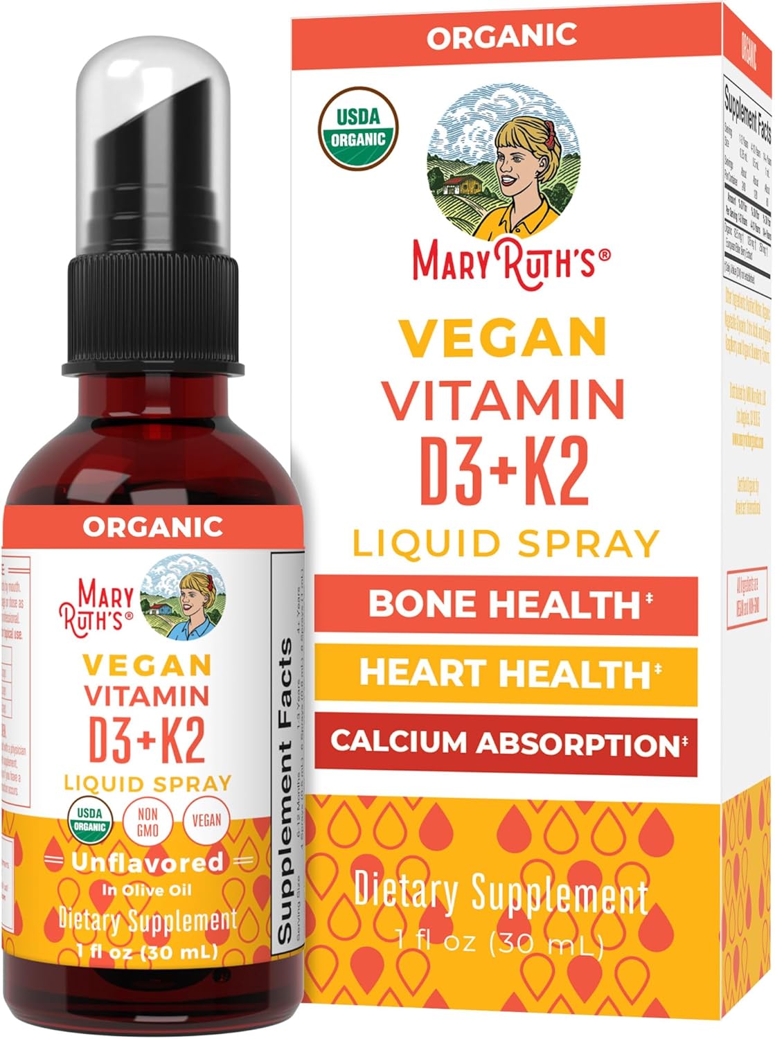 Vegan MaryRuth Organics Vitamin D3 K2 Spray for Strong Bones & Heart Health - 2 in 1 Supplement for Adults & Kids - 1 Fl Oz
