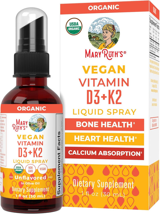 Vegan MaryRuth Organics Vitamin D3 K2 Spray for Strong Bones & Heart Health - 2 in 1 Supplement for Adults & Kids - 1 Fl Oz