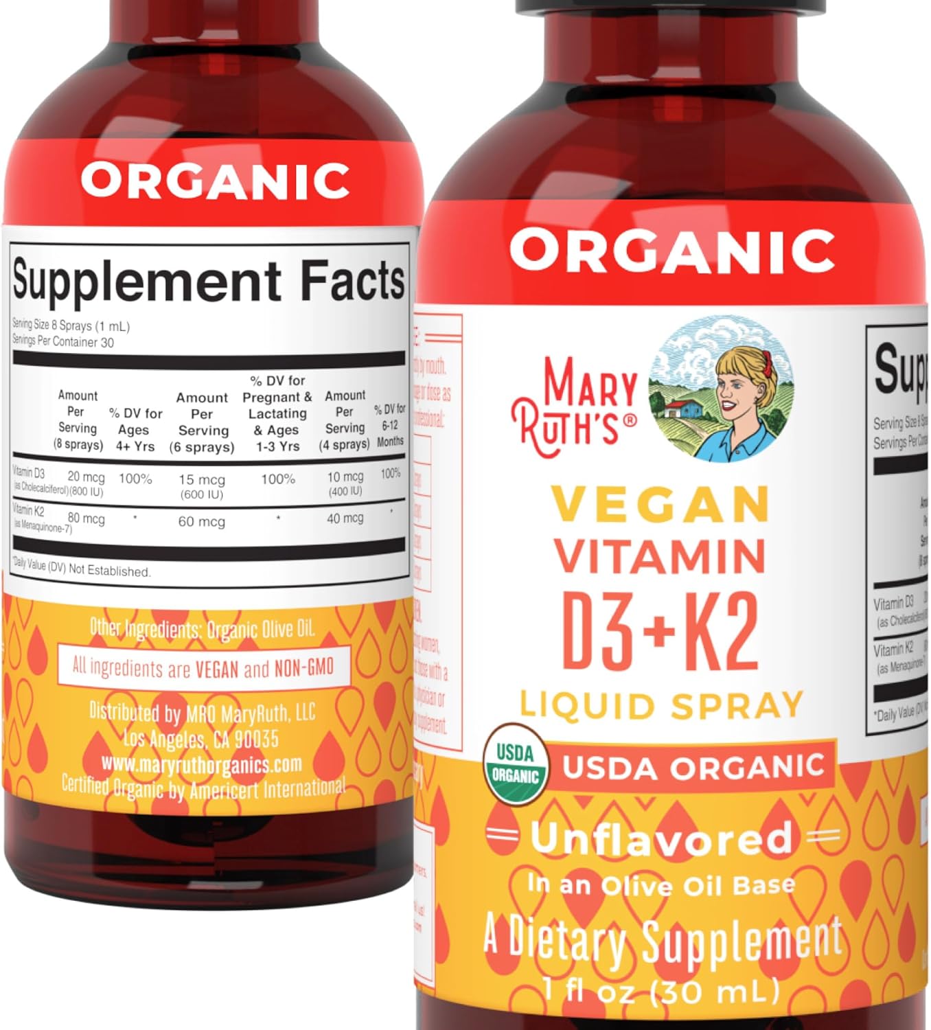 Vegan MaryRuth Organics Vitamin D3 K2 Spray for Strong Bones & Heart Health - 2 in 1 Supplement for Adults & Kids - 1 Fl Oz