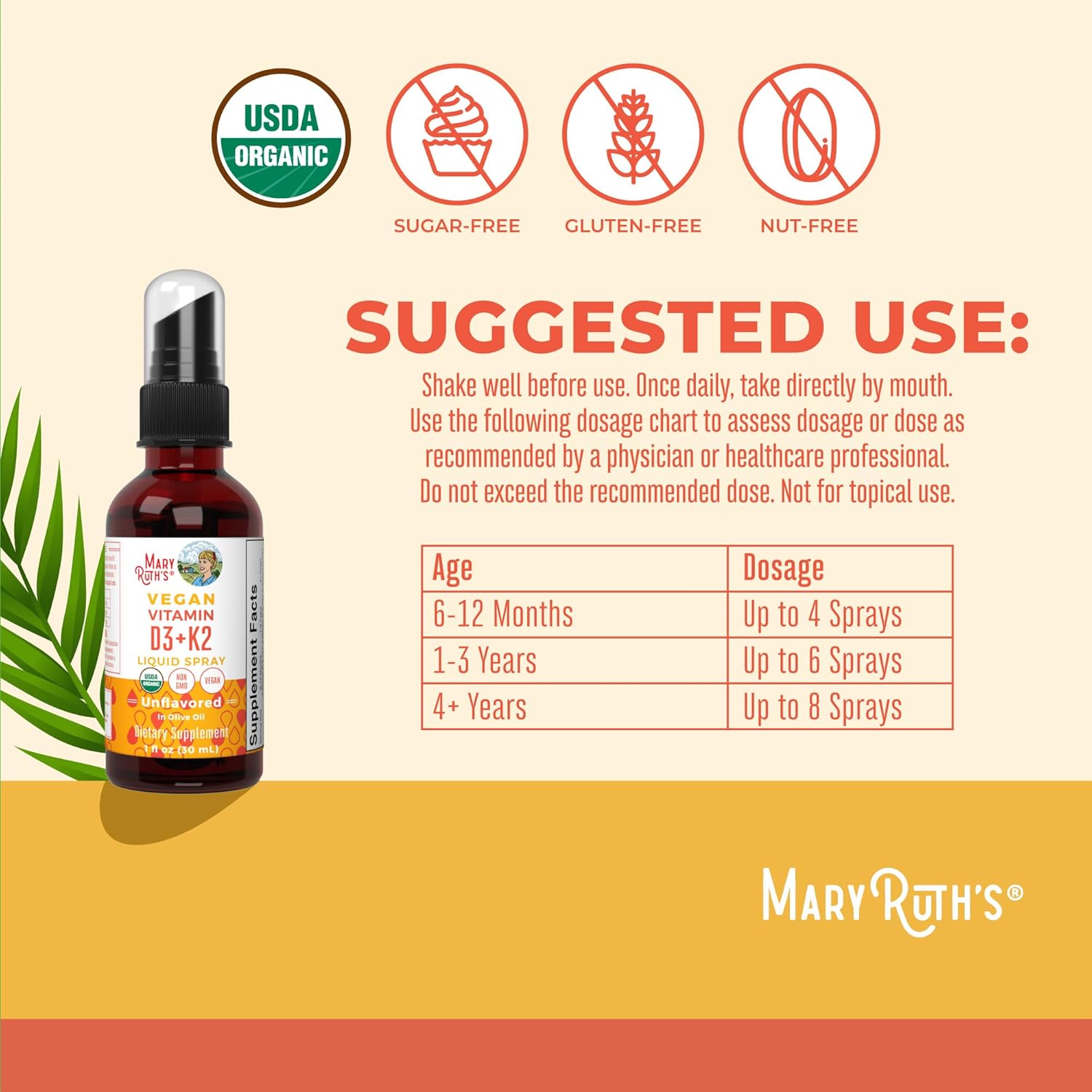 Vegan MaryRuth Organics Vitamin D3 K2 Spray for Strong Bones & Heart Health - 2 in 1 Supplement for Adults & Kids - 1 Fl Oz