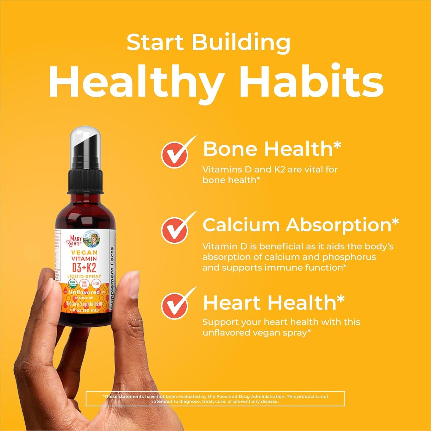 Vegan MaryRuth Organics Vitamin D3 K2 Spray for Strong Bones & Heart Health - 2 in 1 Supplement for Adults & Kids - 1 Fl Oz