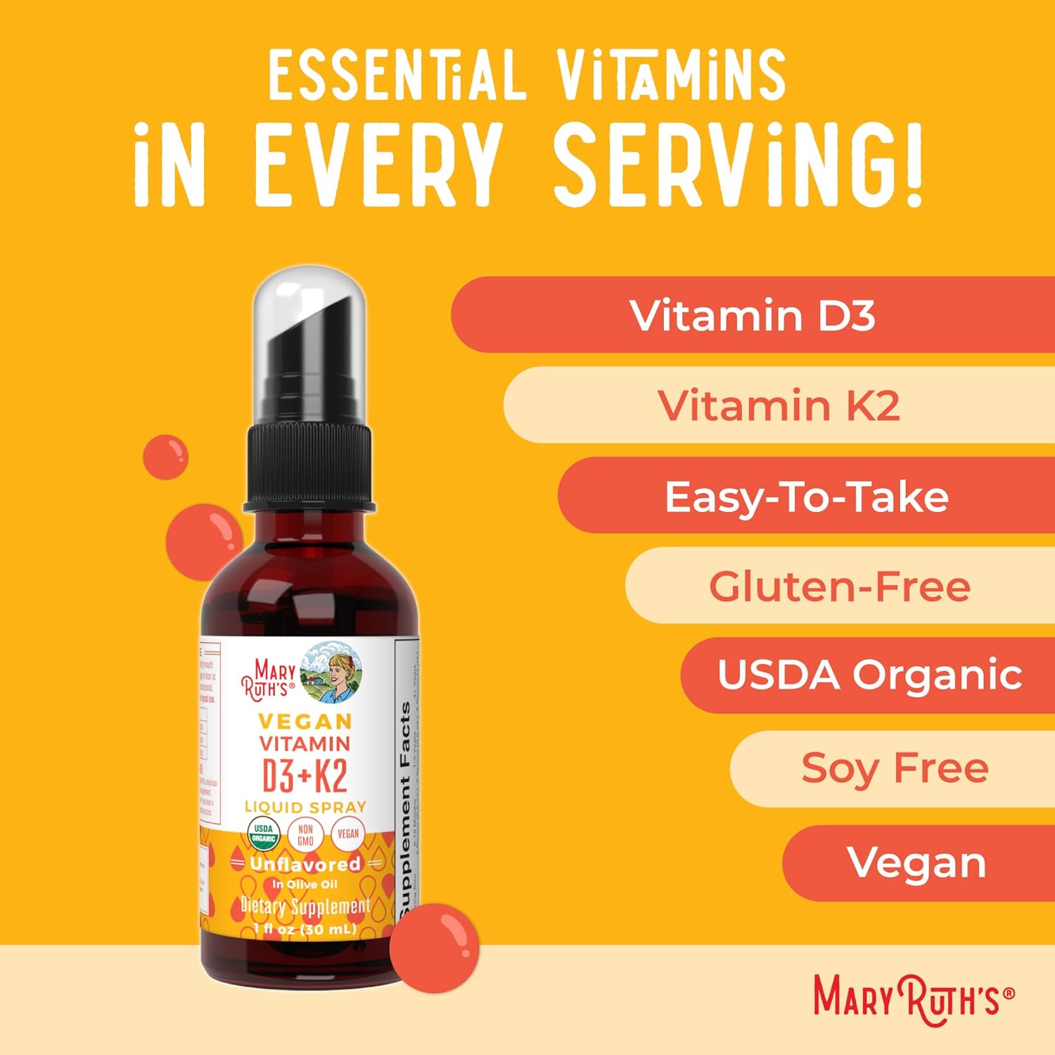 Vegan MaryRuth Organics Vitamin D3 K2 Spray for Strong Bones & Heart Health - 2 in 1 Supplement for Adults & Kids - 1 Fl Oz