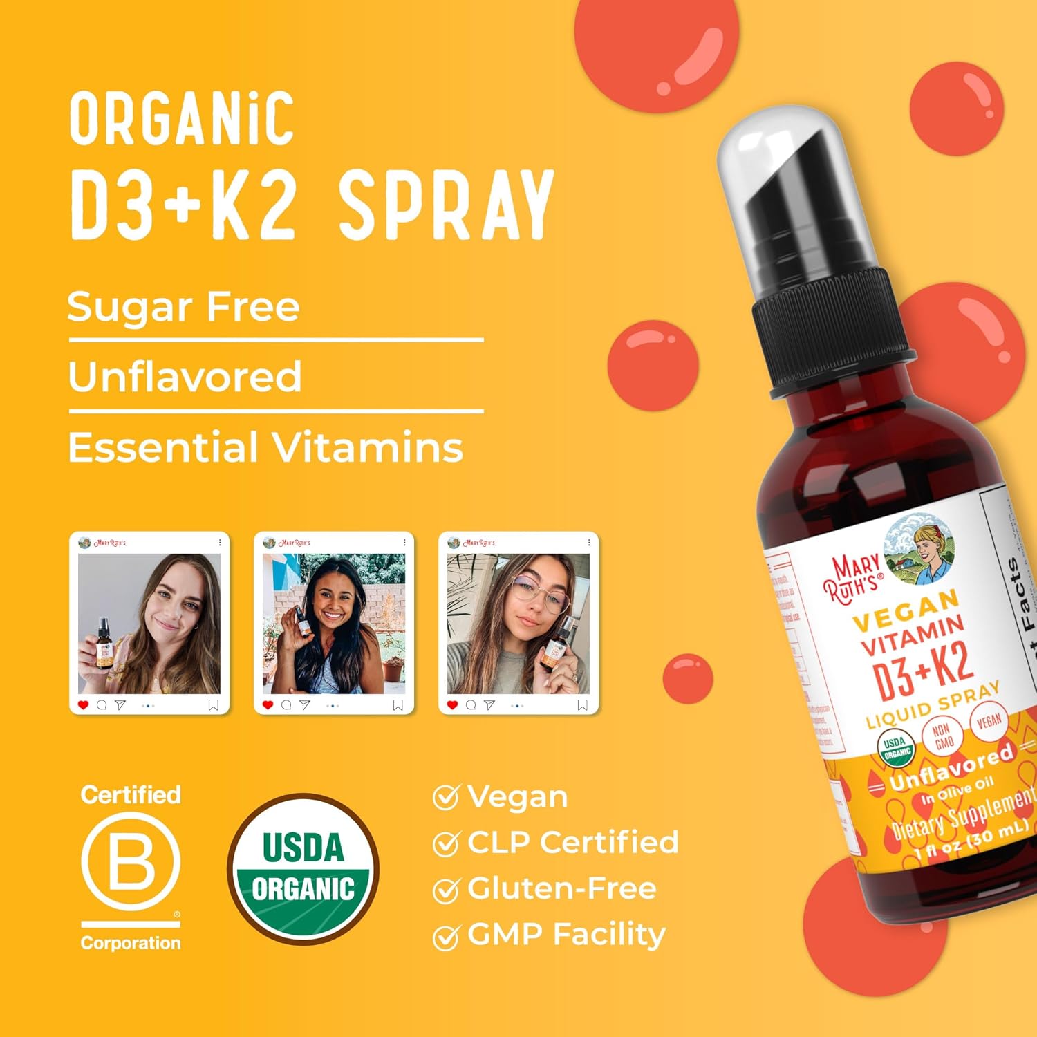 Vegan MaryRuth Organics Vitamin D3 K2 Spray for Strong Bones & Heart Health - 2 in 1 Supplement for Adults & Kids - 1 Fl Oz