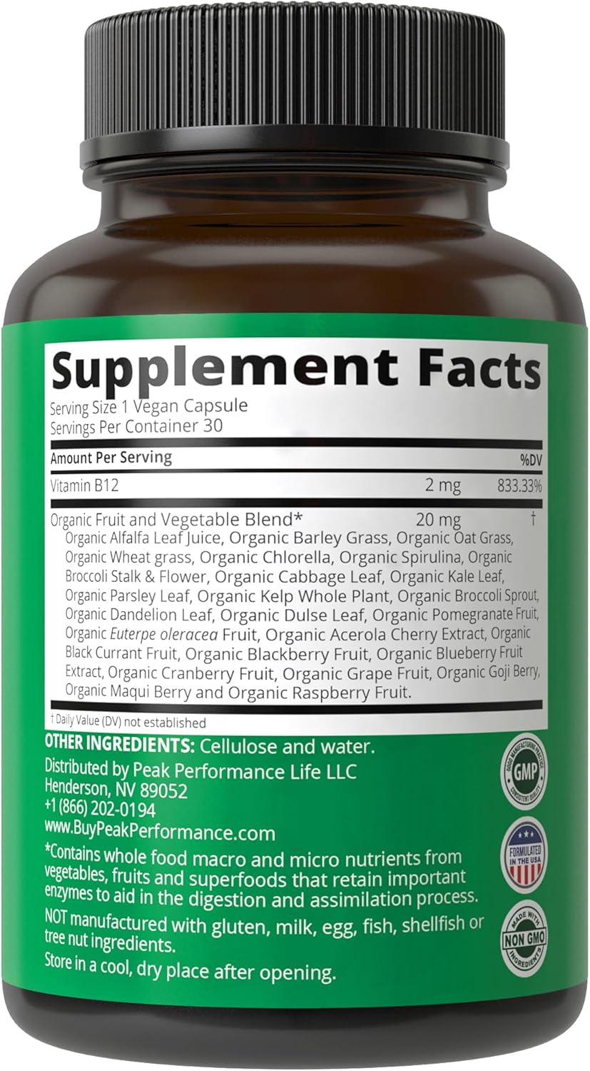 Vegan Methyl B12 Vitamin with Whole Food Blend for Energy & Focus - 30 Day Supply Capsules
