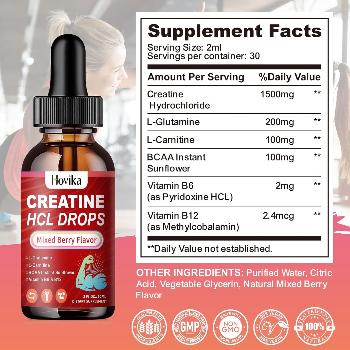 Vegan Mixed Berry Creatine HCL Liquid Drops with L-Carnitine, L-Glutamine, BCAA, Vitamin B12 & B6 for Muscle Growth & Recovery - 2 Fl Oz