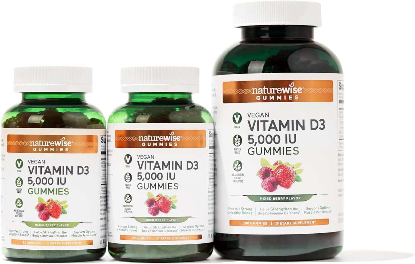 Vegan Mixed Berry Flavored Vitamin D3 Gummies - 5000 IU Immune Support for Adults - 180 Count - Gluten Free, Non-GMO - Muscle & Bone Strength