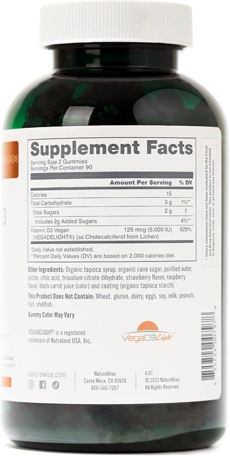 Vegan Mixed Berry Flavored Vitamin D3 Gummies - 5000 IU Immune Support for Adults - 180 Count - Gluten Free, Non-GMO - Muscle & Bone Strength