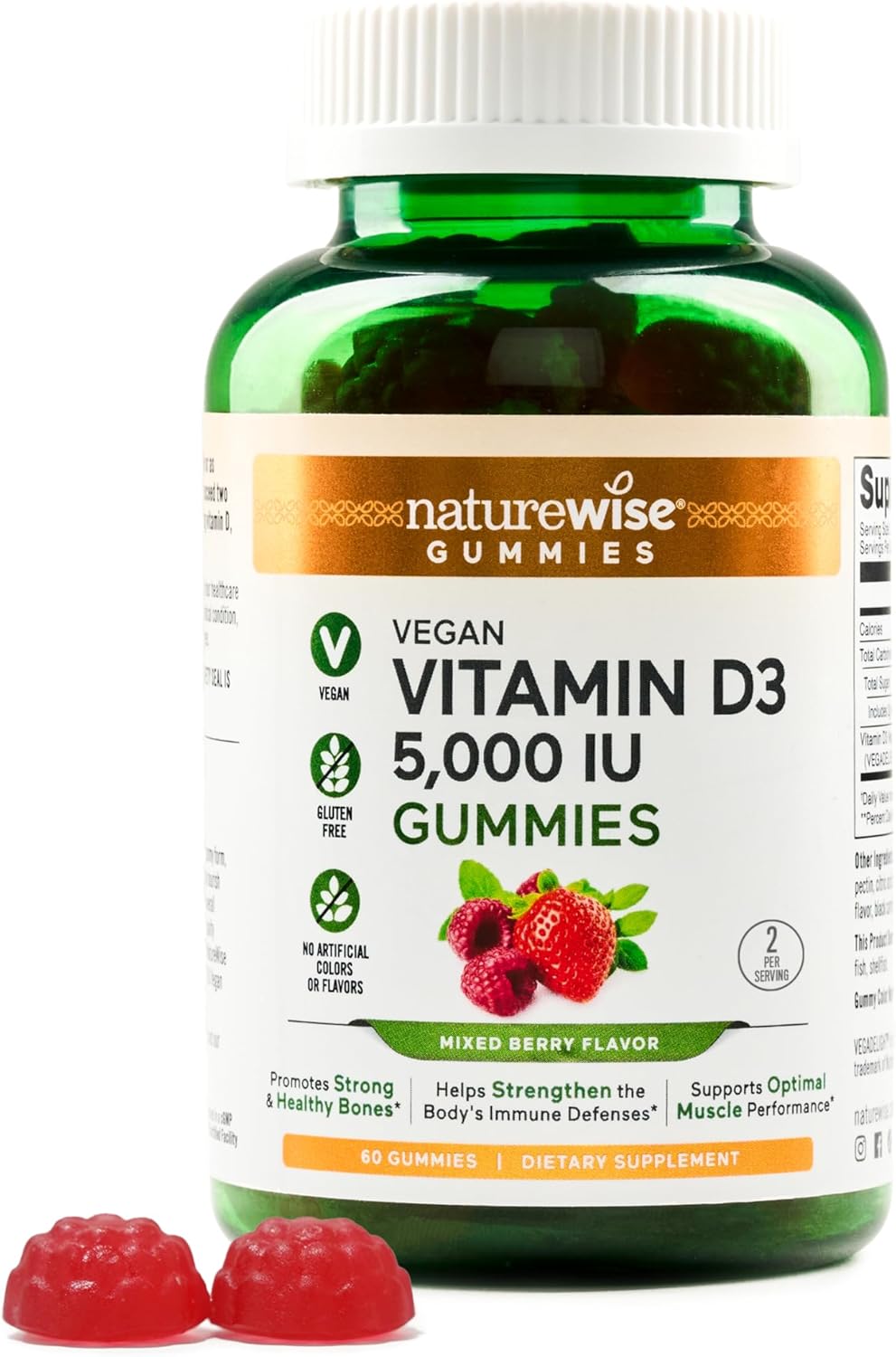Vegan Mixed Berry Vitamin D3 Gummies for Adults - 5000 IU - Immune, Muscle & Bone Support - Gluten-Free - 60 Count
