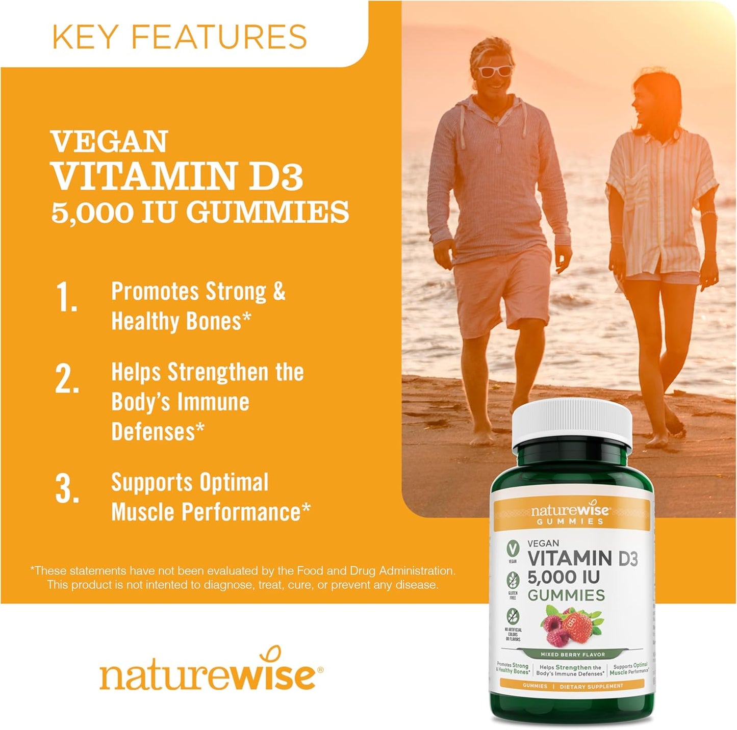 Vegan Mixed Berry Vitamin D3 Gummies for Adults - 5000 IU - Immune, Muscle & Bone Support - Gluten-Free - 60 Count