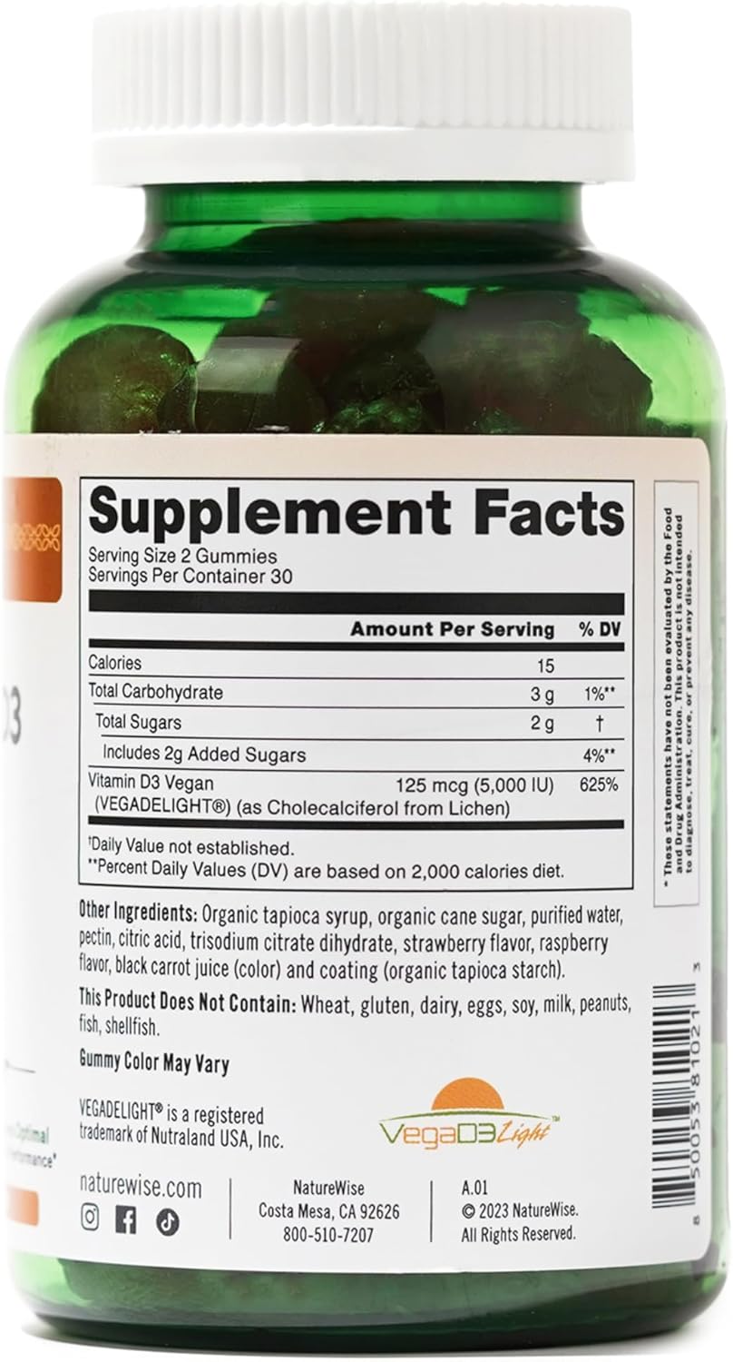 Vegan Mixed Berry Vitamin D3 Gummies for Adults - 5000 IU - Immune, Muscle & Bone Support - Gluten-Free - 60 Count