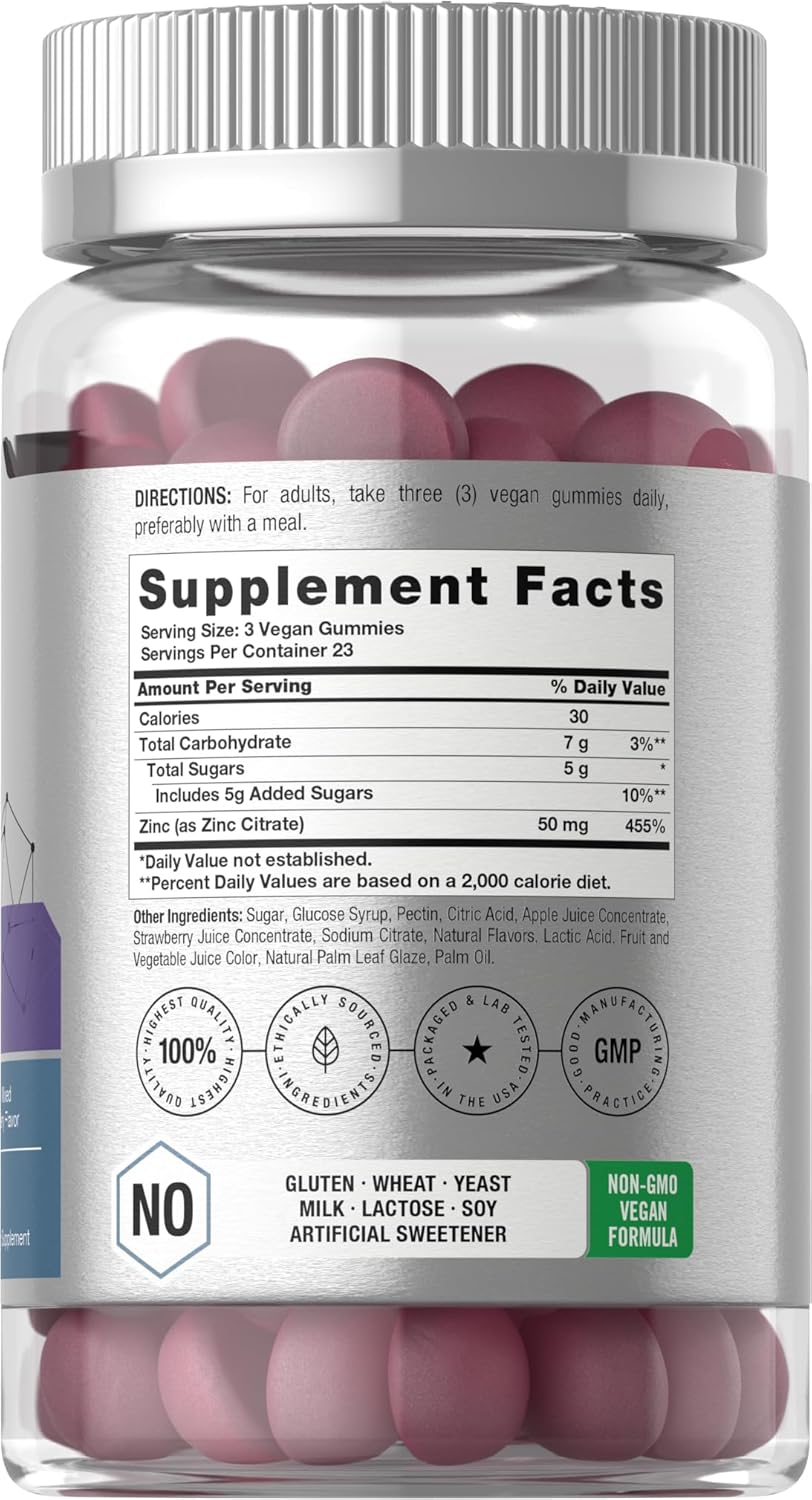 Vegan Mixed Berry Zinc Gummies - 50mg - Non-GMO & Gluten Free - 70 Count - Zinc Citrate Dietary Supplement