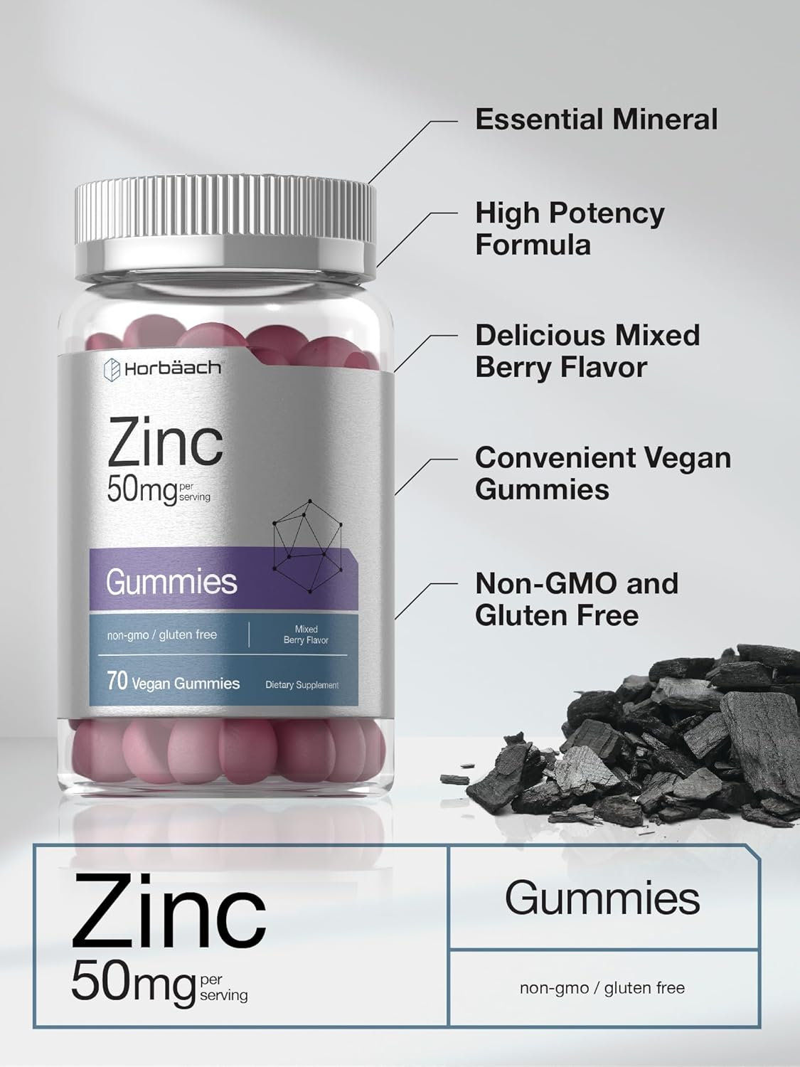 Vegan Mixed Berry Zinc Gummies - 50mg - Non-GMO & Gluten Free - 70 Count - Zinc Citrate Dietary Supplement