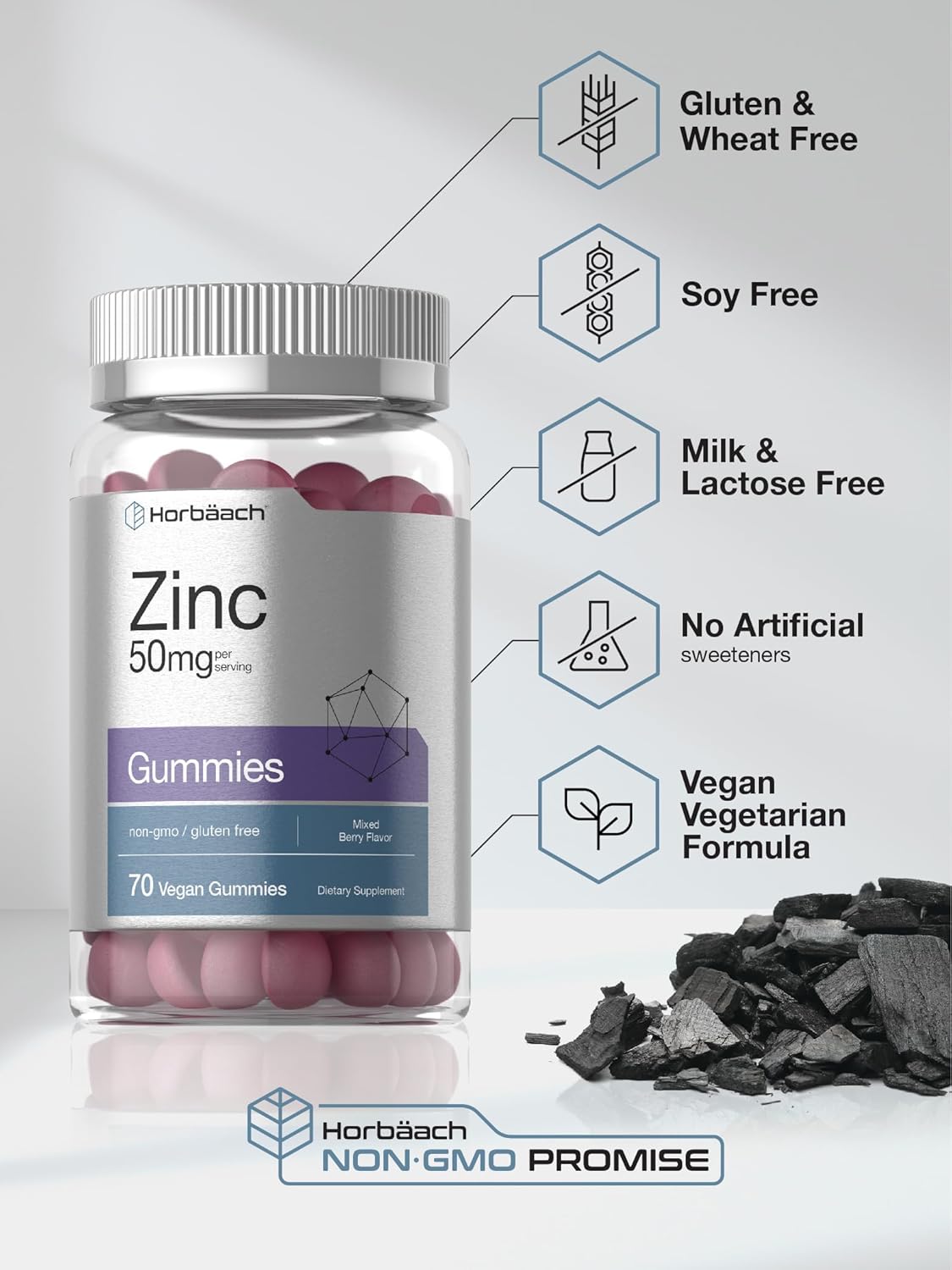 Vegan Mixed Berry Zinc Gummies - 50mg - Non-GMO & Gluten Free - 70 Count - Zinc Citrate Dietary Supplement