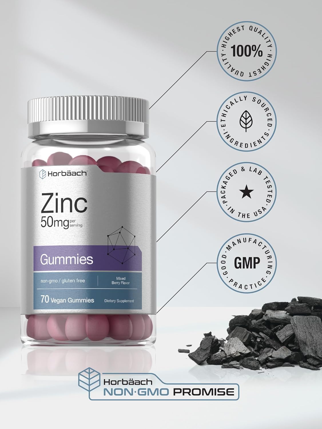 Vegan Mixed Berry Zinc Gummies - 50mg - Non-GMO & Gluten Free - 70 Count - Zinc Citrate Dietary Supplement