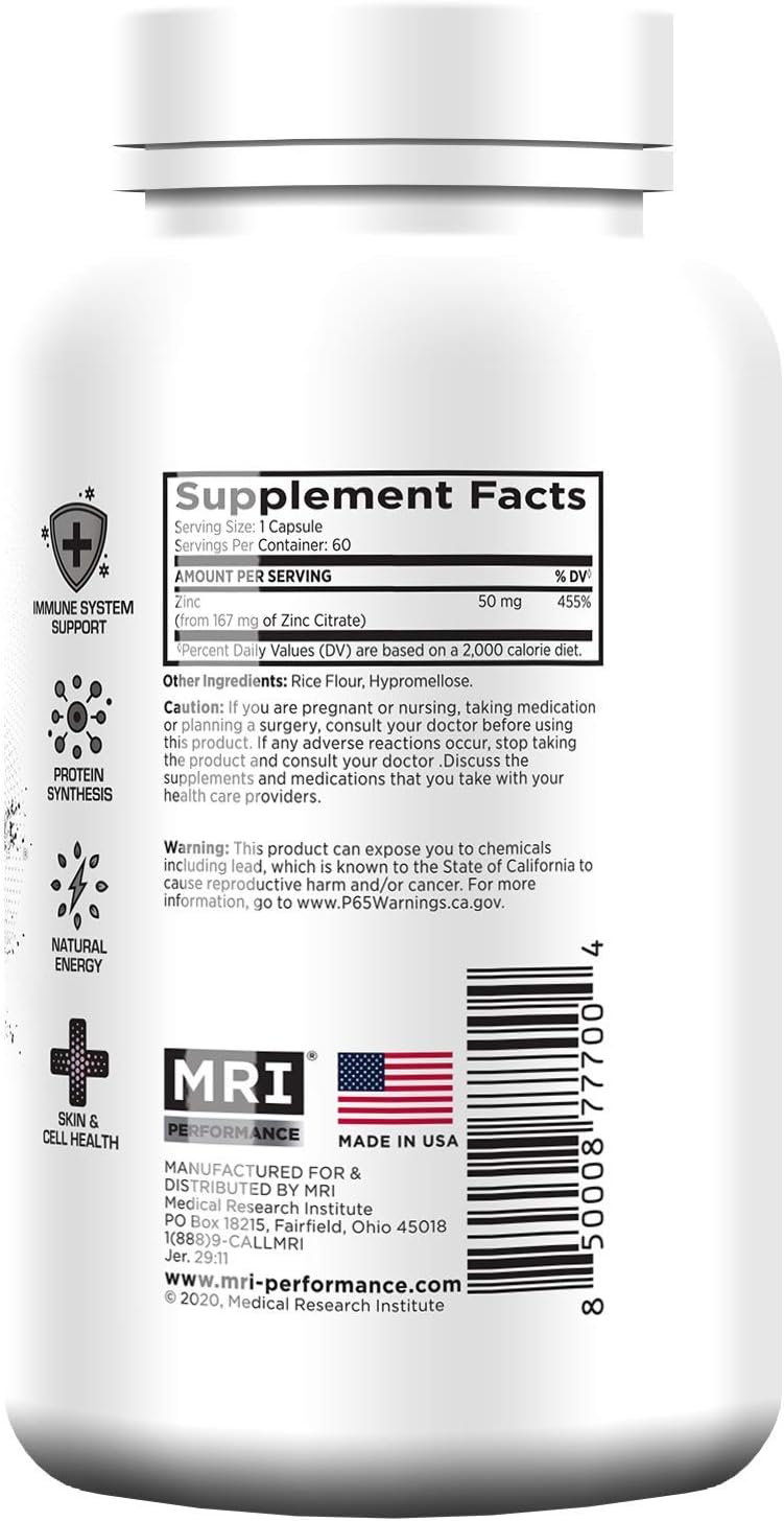 Vegan MRI Zinc Capsules 50mg for Immune System, Muscle Repair, Lean Muscle, Energy & Endurance Boost
