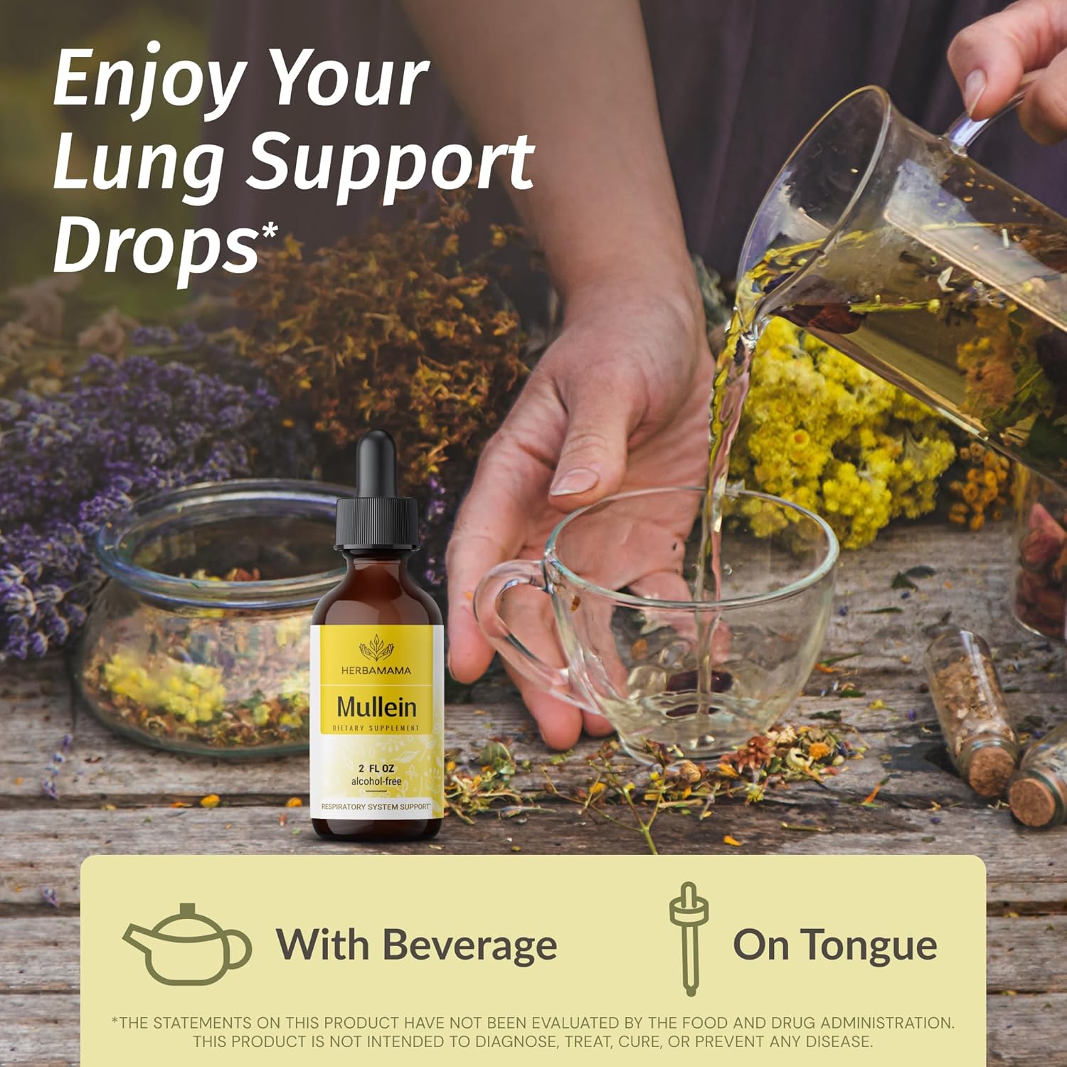 Vegan Mullein Leaf Extract Drops for Lung Detox Support - Non-GMO Respiratory Supplement - 28-Day Supply