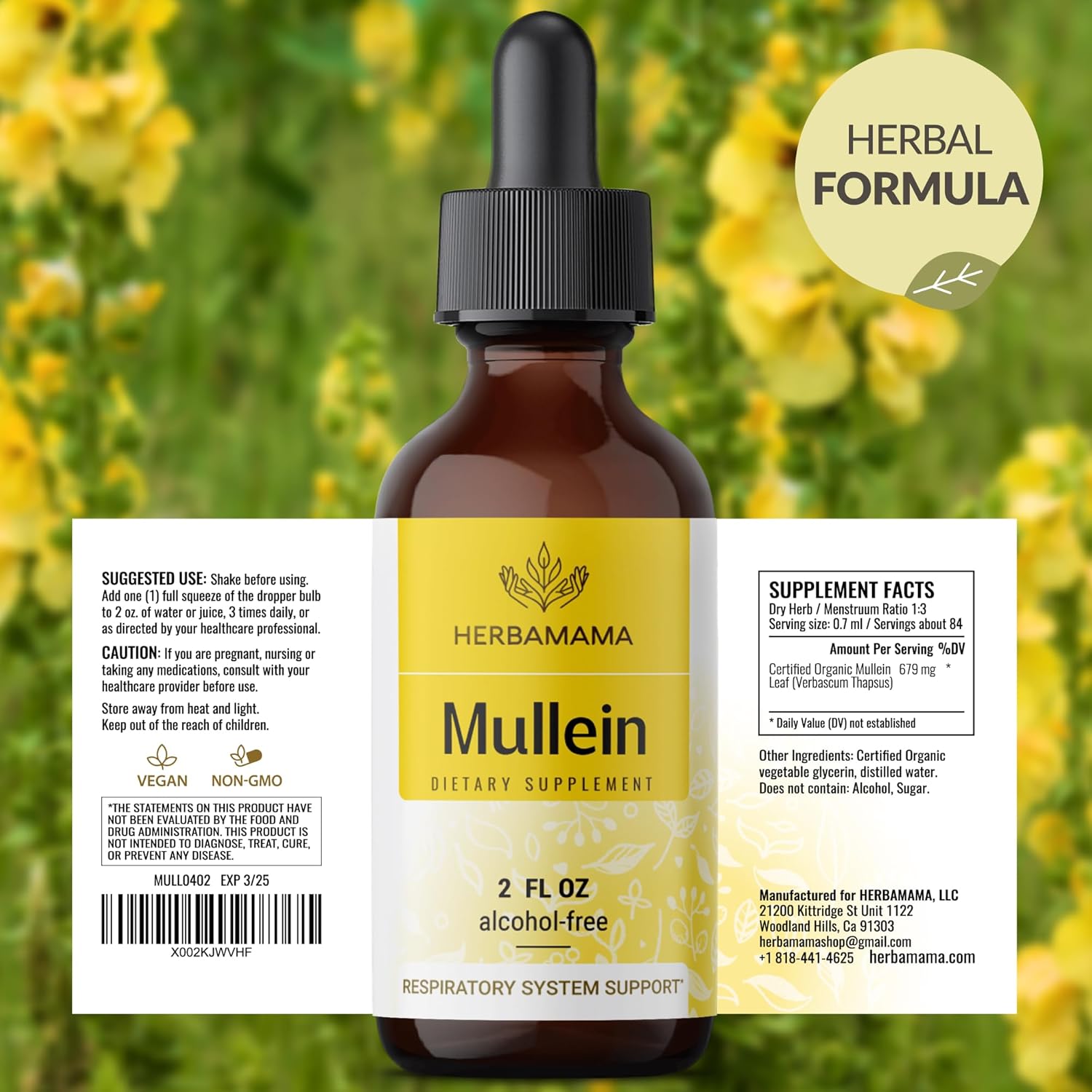 Vegan Mullein Leaf Extract Drops for Lung Detox Support - Non-GMO Respiratory Supplement - 28-Day Supply