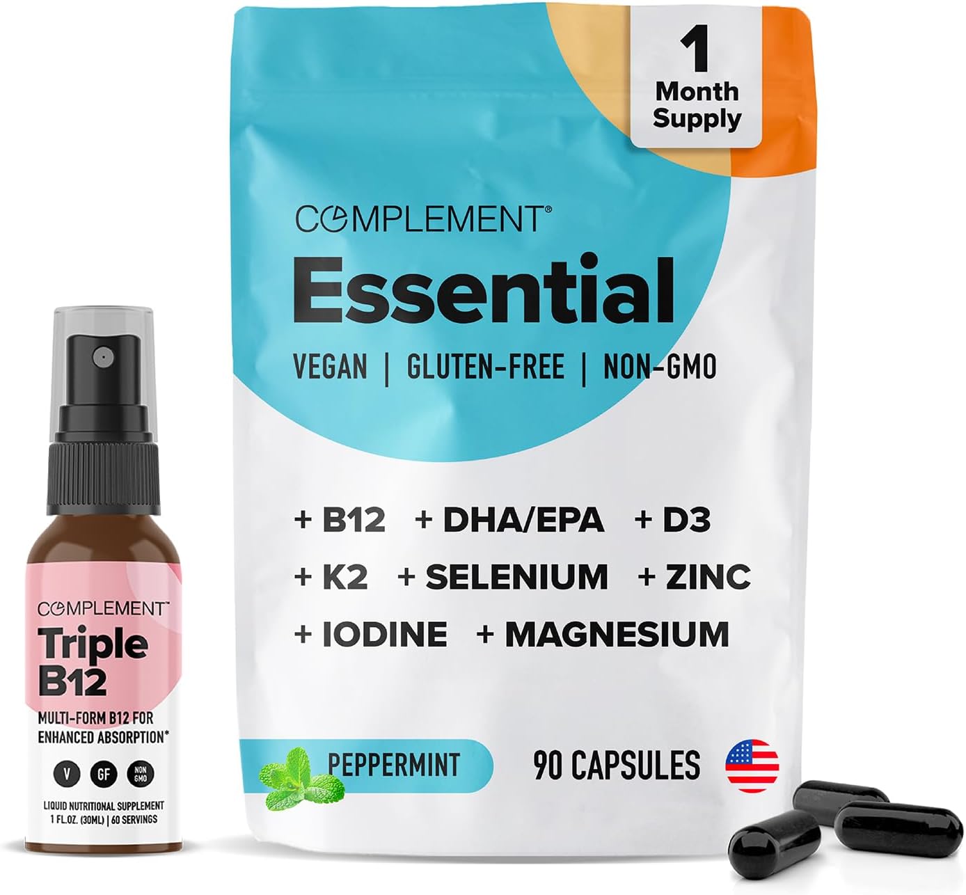 Vegan Multivitamin Bundle with B12 Spray - Omega 3, Vitamin D3 K2, Zinc, Magnesium - Energy & Immune Support - 30 Servings, 90 Capsules & 60 Servings