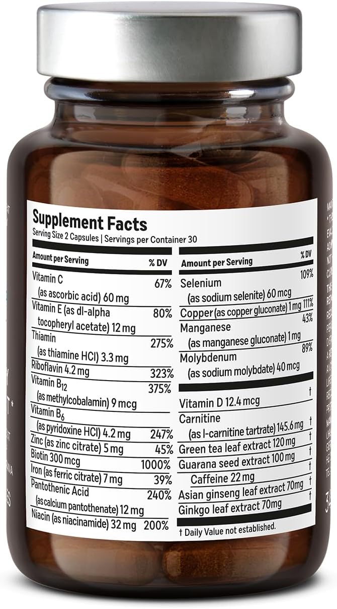 Vegan Multivitamin Capsules with Guarana, Ginseng, and Ginkgo Extract for Energy and Focus - 60 Capsules