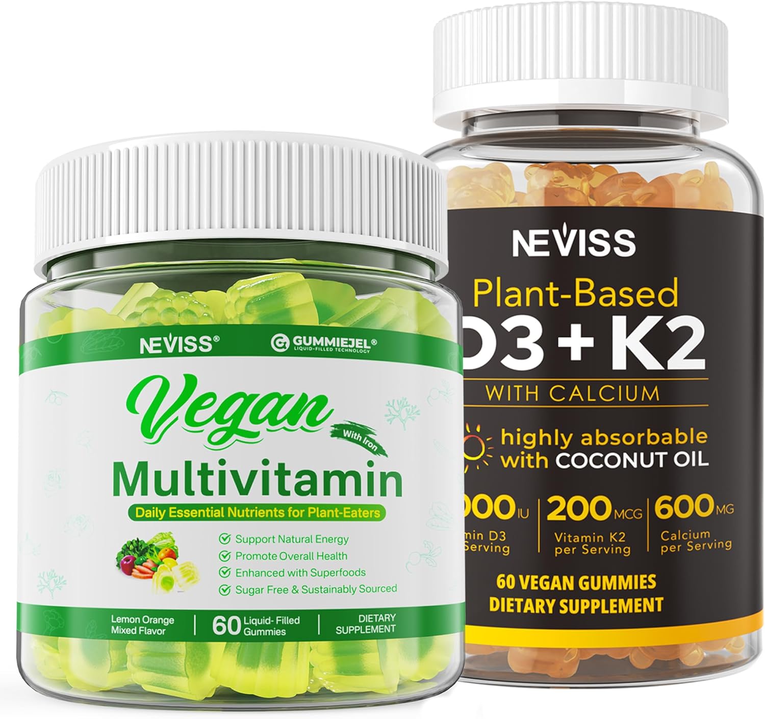 Vegan Multivitamin Gummies with NEVISS Vitamin D3 5000iu & K2 200mcg Gummies - Plant-Based Immune Support