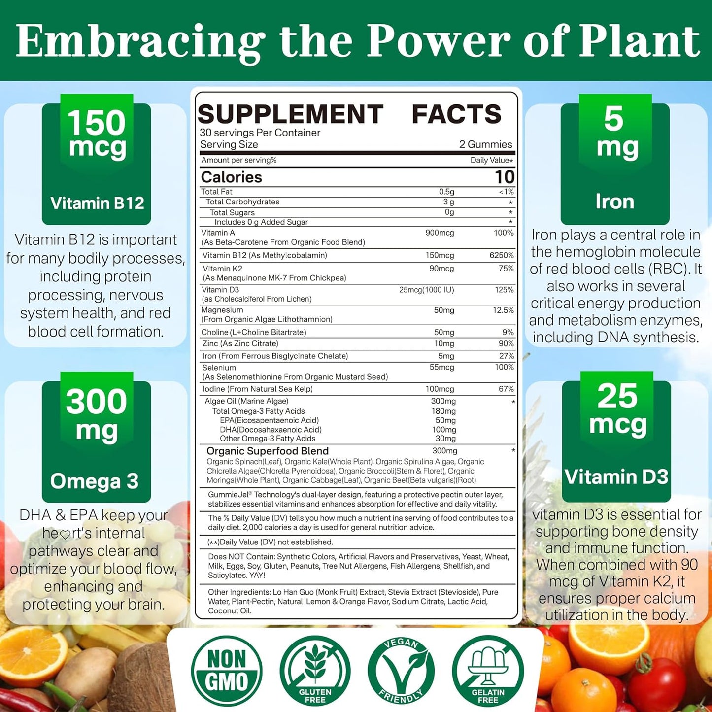 Vegan Multivitamin Gummies with NEVISS Vitamin D3 5000iu & K2 200mcg Gummies - Plant-Based Immune Support